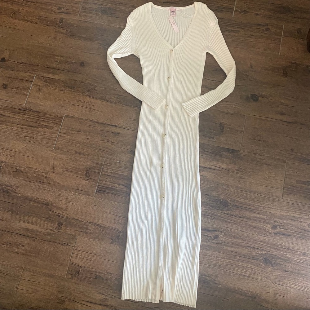 Ribbed Button-Front Midi Sweater Dress in Cream - Picture 5 of 9